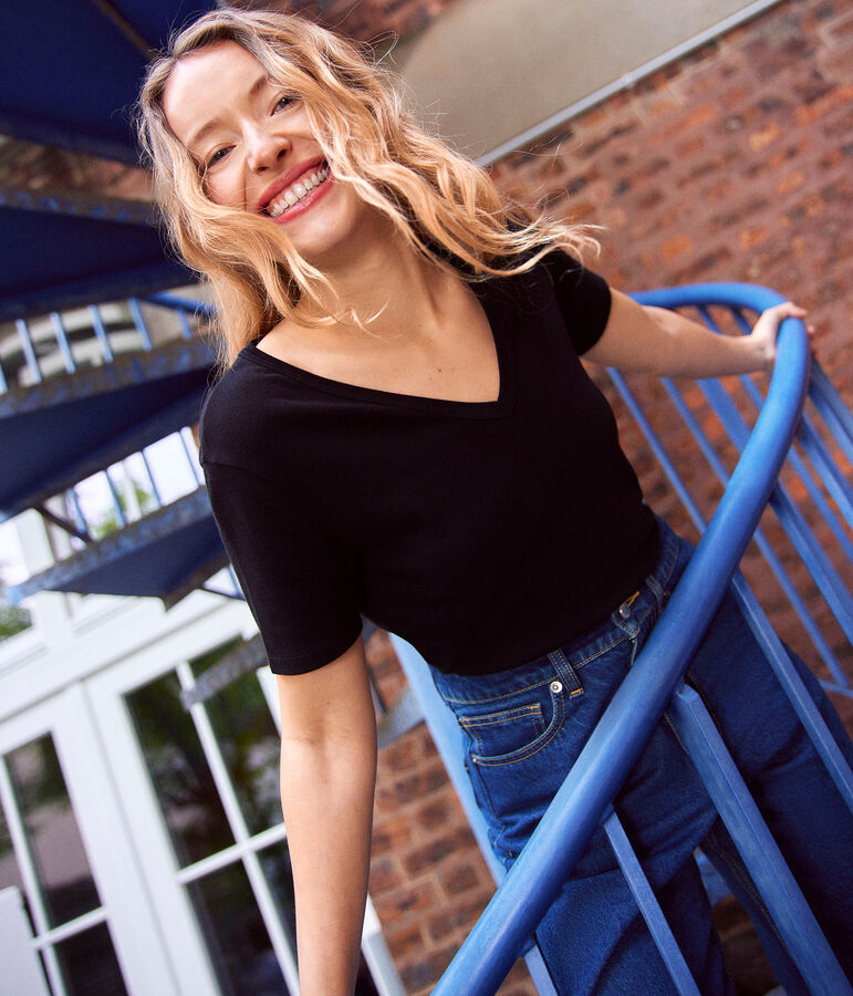 Tee-shirt LE DROIT col V en coton Femme bleu