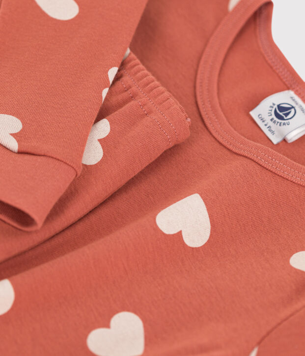 Pyjama ajust&eacute; c&oelig;ur en coton enfant rose/blanc
