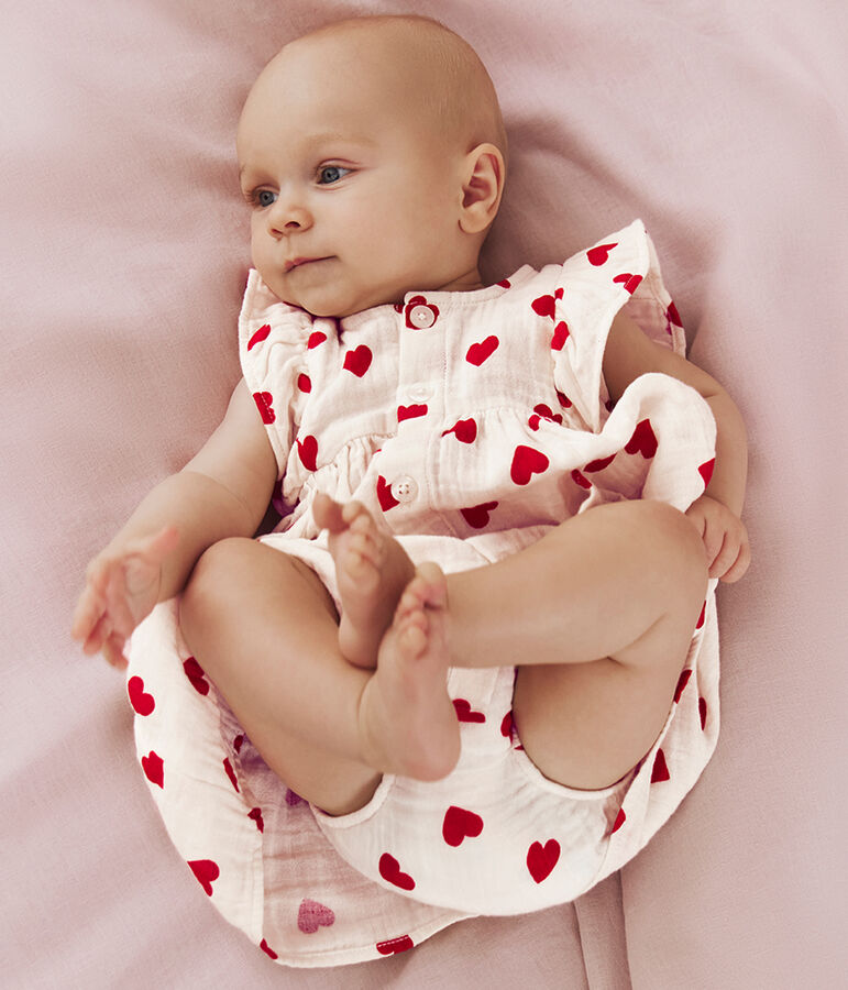 Robe b&eacute;b&eacute; en coton avec son bloomer, imprim&eacute;s c&oelig;urs &eacute;cru/rouge