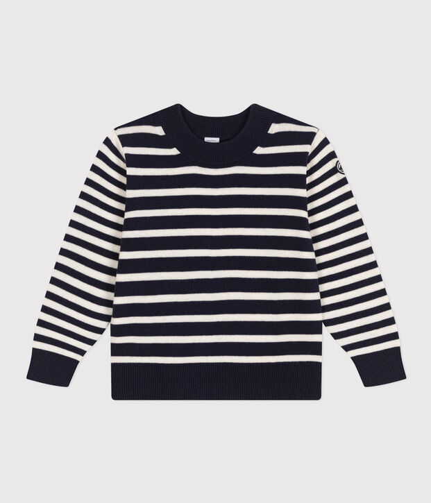 Pull ray&eacute; en laine et coton enfant bleu/blanc