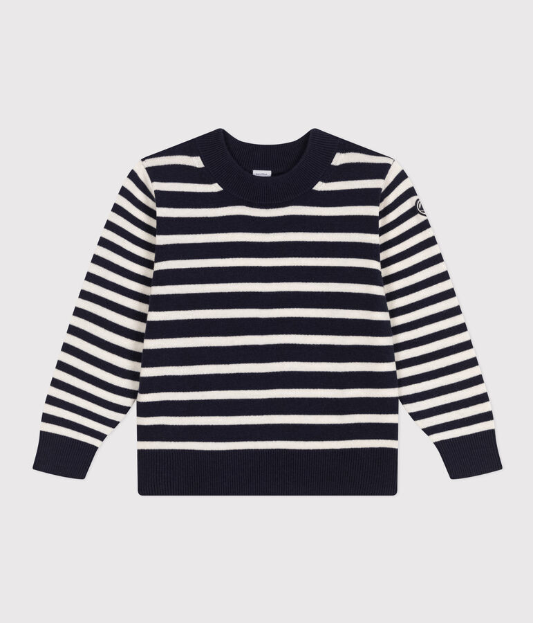 Pull ray&eacute; en laine et coton enfant bleu SMOKING/blanc MARSHMALLOW