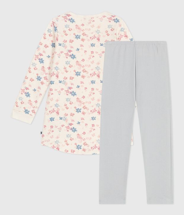 Chemise de nuit et legging enfant en molleton imprim&eacute; fleurs &eacute;cru/multicouleur