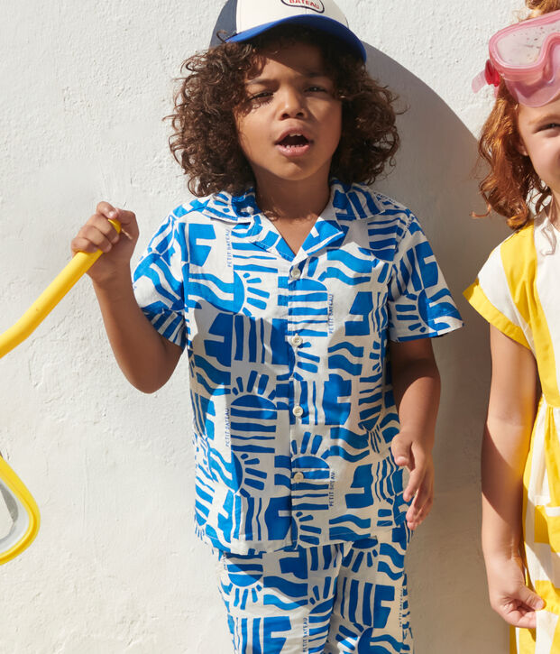 Chemise enfant en coton manches courtes imprim&eacute;e bleu/bleu