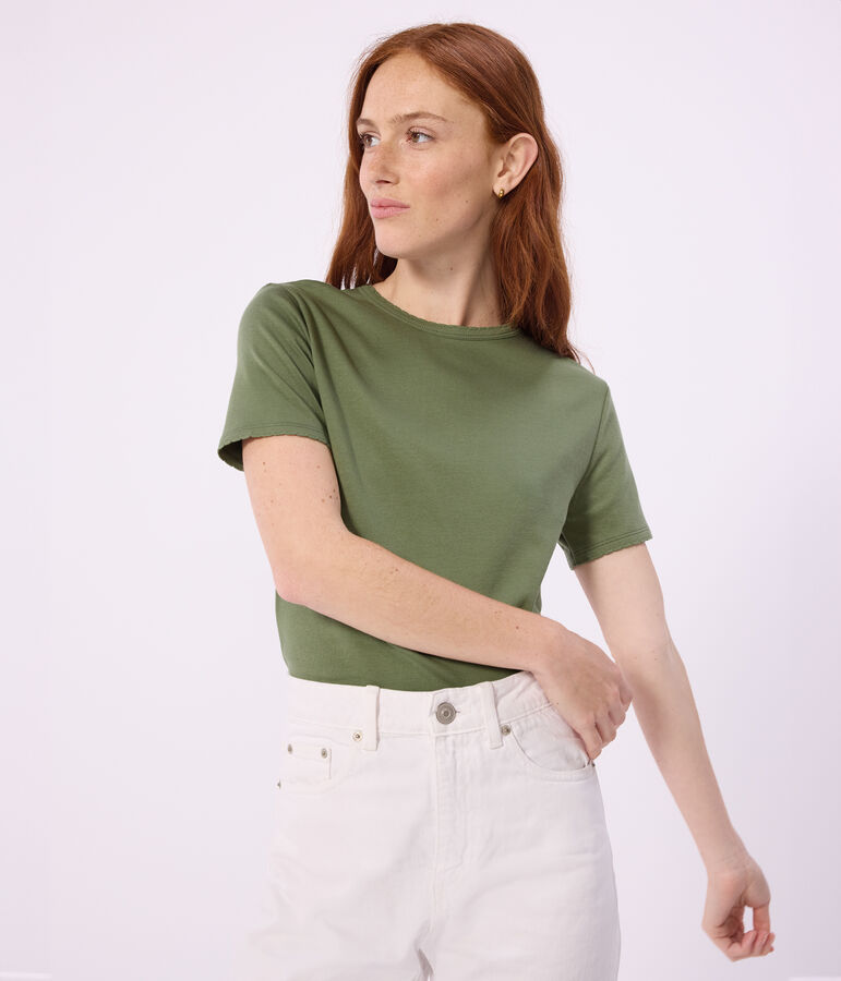 Tee-shirt femme en coton manches courtes uni vert OLIVINE