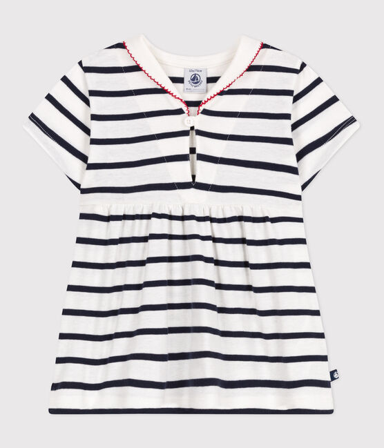 Robe marinière bébé en coton manches courtes et col vareuse blanc MARSHMALLOW/bleu SMOKING