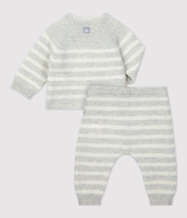 Ensemble 2 pi&egrave;ces ray&eacute; en tricot b&eacute;b&eacute; beige/blanc