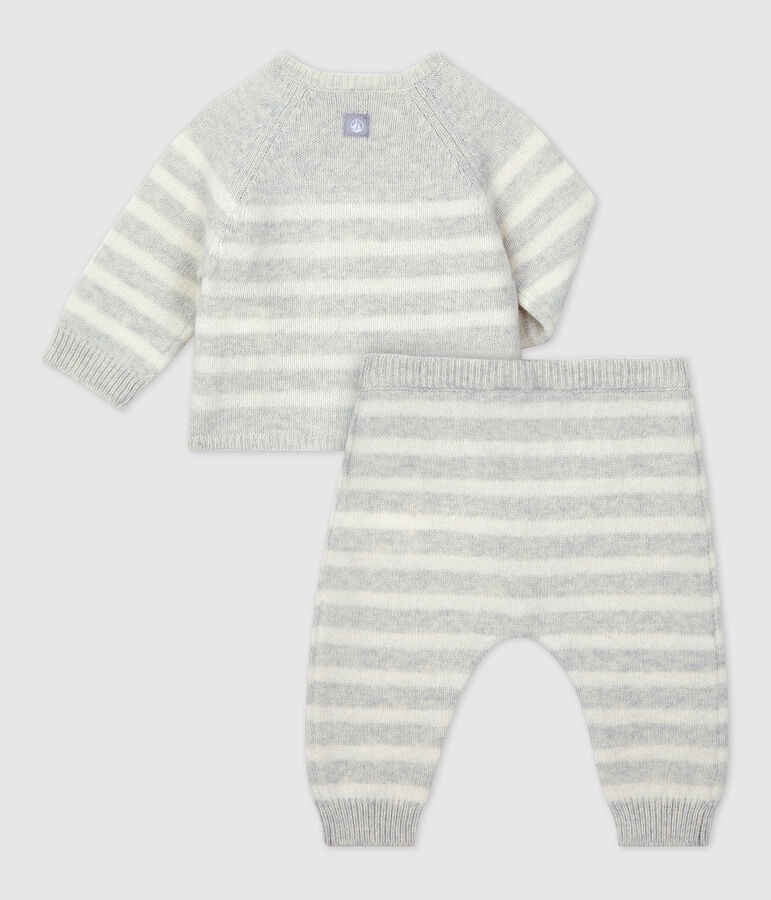 Ensemble 2 pi&egrave;ces ray&eacute; en tricot b&eacute;b&eacute; beige/blanc
