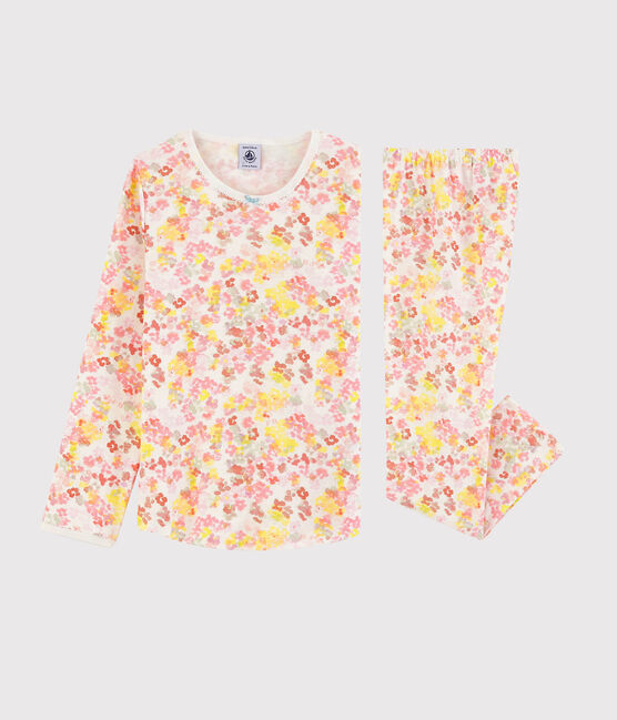Pyjama fleurs aquarellées petite fille en coton blanc MARSHMALLOW/blanc MULTICO