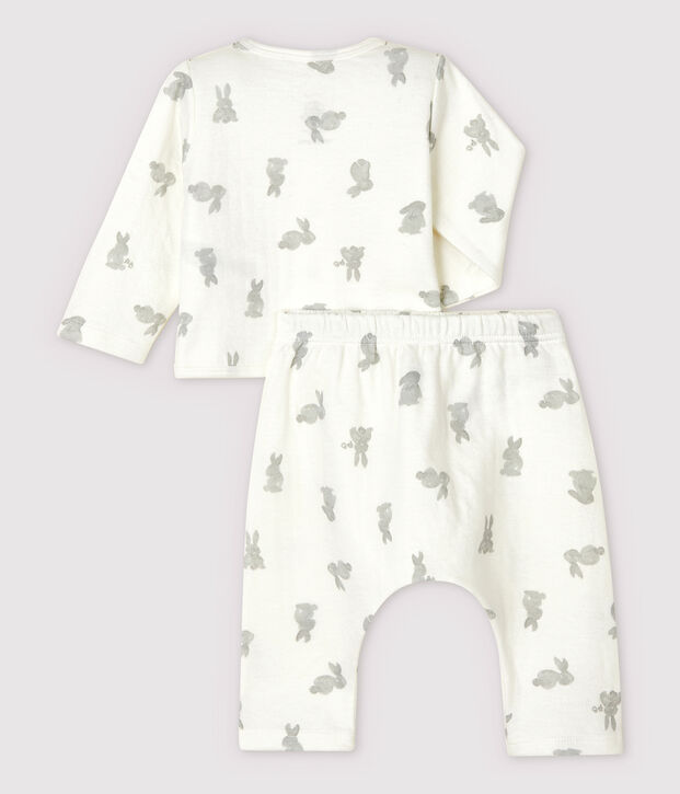 Ensemble 2 pi&egrave;ces blanc &agrave; lapins b&eacute;b&eacute; en tubique en coton biologique blanc/gris