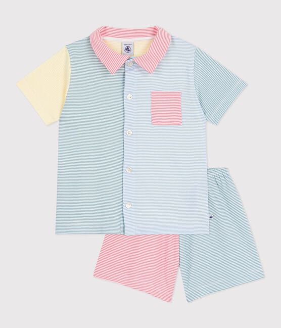 Pyjama short boutonné enfant en coton à rayures blanc MARSHMALLOW/blanc MULTICO