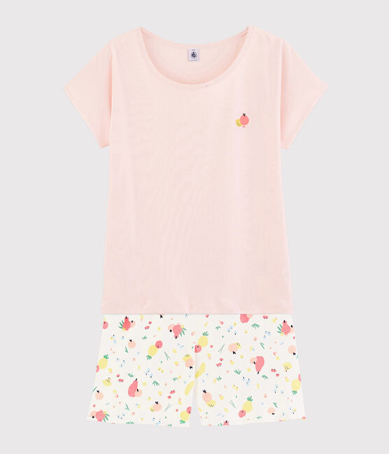 Pyjacourt imprimé fruits d'été fille - femme en coton biologique rose FLEUR/blanc MULTICO
