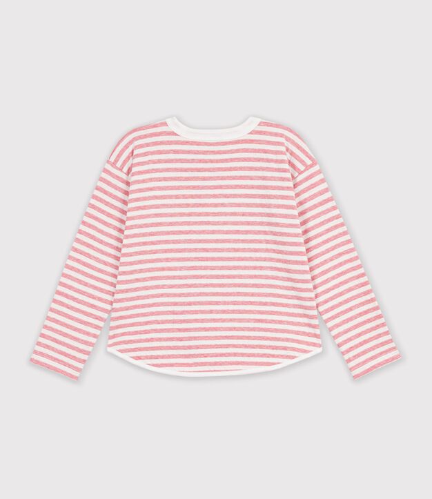 Tee-shirt enfant manches longues &agrave; rayures rose/&eacute;cru