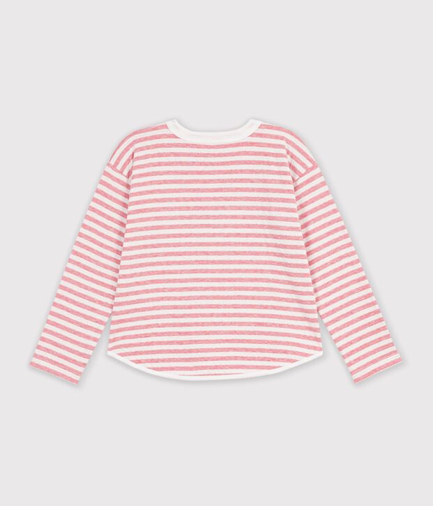 Tee-shirt enfant manches longues &agrave; rayures rose/&eacute;cru