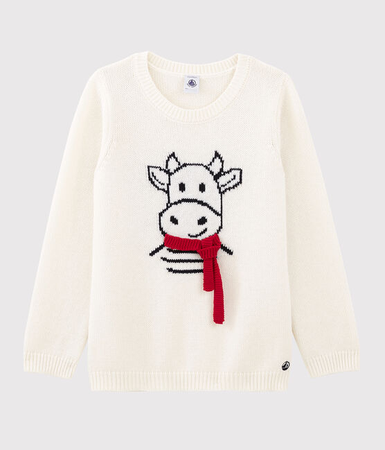 Pull manches longues en tricot laine et coton blanc MARSHMALLOW/ MULTICO CN