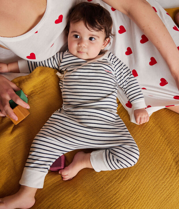 Ensemble 3 pi&egrave;ces iconique en coton bio b&eacute;b&eacute; blanc/bleu