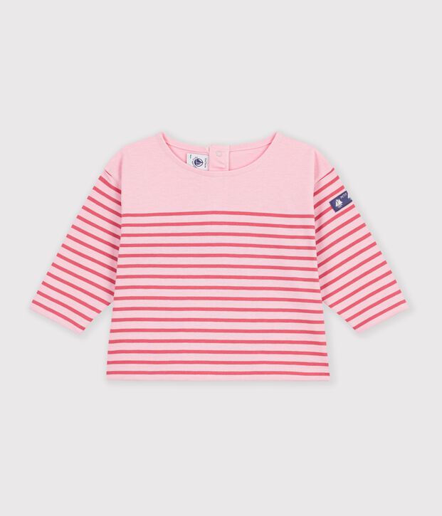 Tee-shirt b&eacute;b&eacute; en coton manches longues &agrave; rayures rose/rose