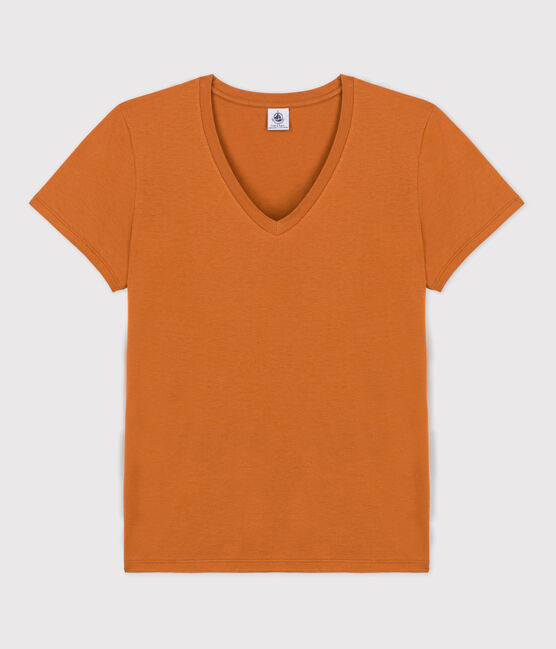 Tee-shirt LE DROIT col V en coton bio Femme marron ECUREUIL
