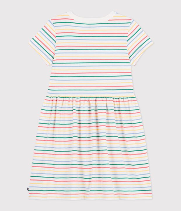 Robe enfant manches courtes en coton &agrave; rayures blanc/multicouleur
