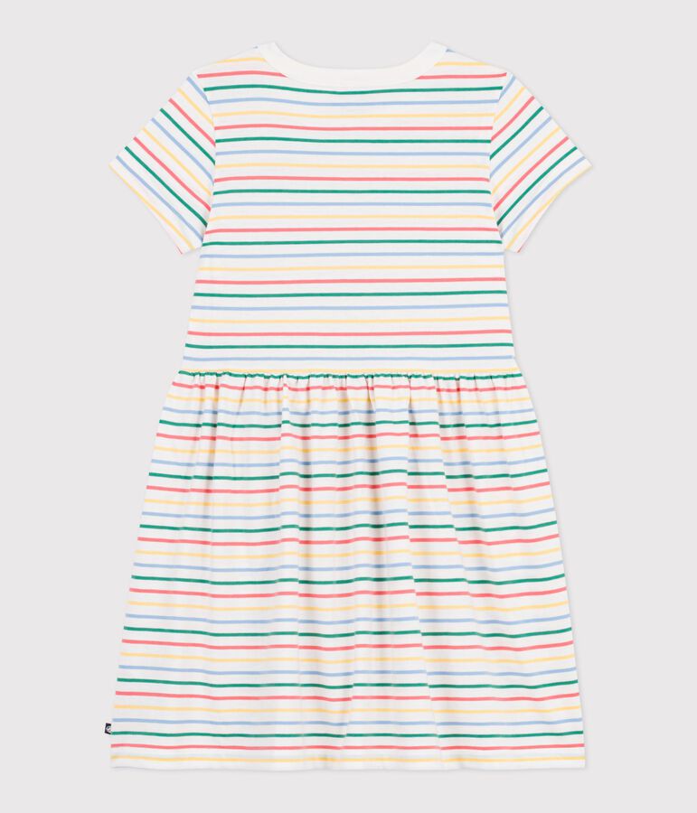 Robe enfant manches courtes en coton &agrave; rayures blanc/multicouleur