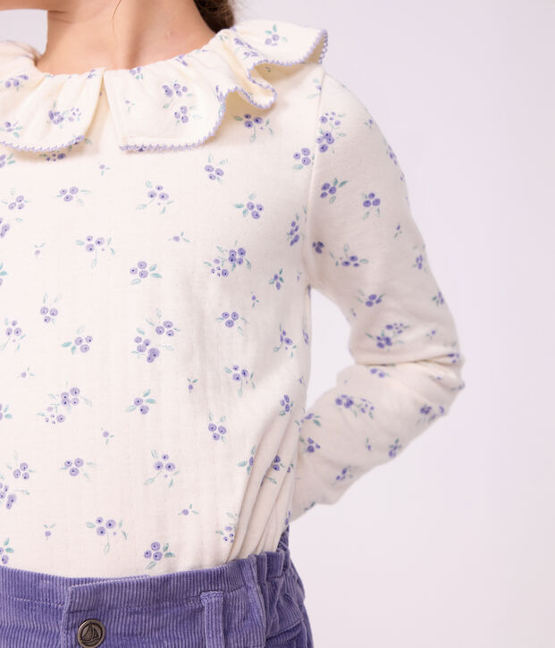 Tee-shirt &agrave; col enfant manches longues &agrave; fleurs &eacute;cru/multicouleur