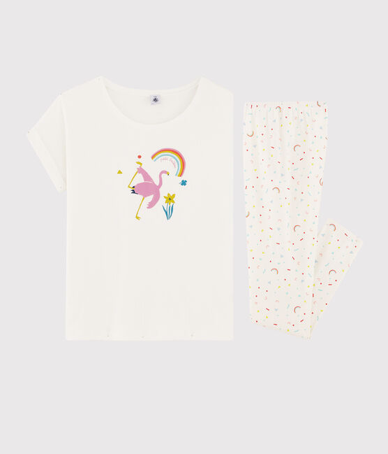 Pyjama fille / femme flamand rose en côte blanc MARSHMALLOW/blanc MULTICO