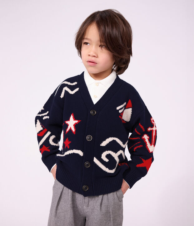 Cardigan enfant en laine et coton &agrave; motifs rouge/multicouleur