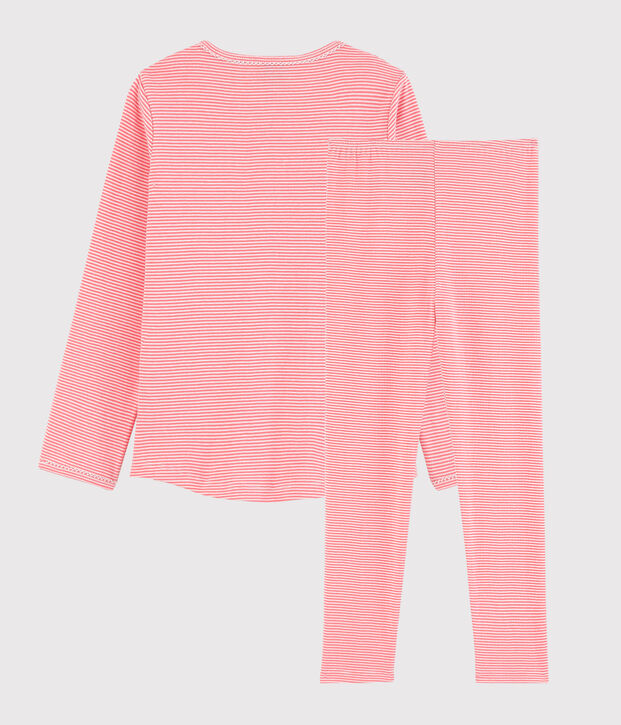 Pyjama &agrave; rayures milleraies petite fille en coton orange/blanc