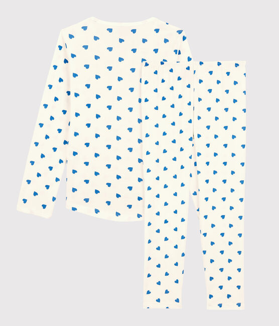 Pyjama cœurs bleus petite fille en coton blanc MARSHMALLOW/bleu BRASIER