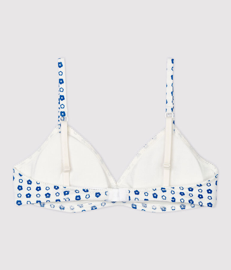 Soutien-gorge padd&eacute; imprim&eacute; fleur graphique fille en coton biologique et &eacute;lasthanne blanc/bleu