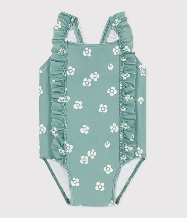 Maillot de bain b&eacute;b&eacute; une pi&egrave;ce &agrave; volants, imprim&eacute; fleuri vert/blanc