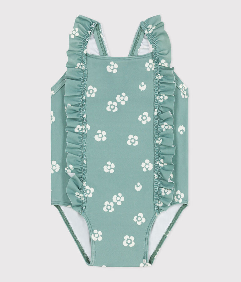 Maillot de bain b&eacute;b&eacute; une pi&egrave;ce &agrave; volants, imprim&eacute; fleuri bleu PAUL/blanc MARSHMALLOW