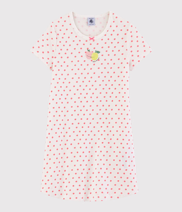 Chemise de nuit &agrave; pois roses petite fille en coton blanc/rose