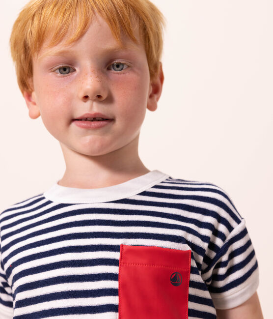 Tee-shirt rayé en bouclette éponge enfant garçon bleu MEDIEVAL/blanc MARSHMALLOW
