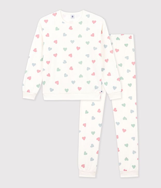 Pyjama femme en coton &eacute;ponge imprim&eacute; c&oelig;urs &eacute;cru/multicouleur