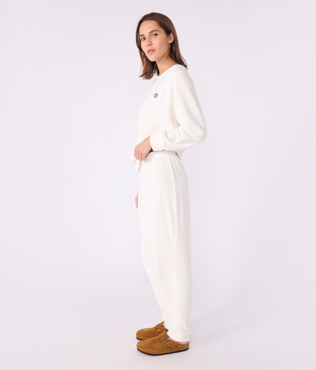 Pyjama femme en coton &eacute;ponge uni blanc cass&eacute;