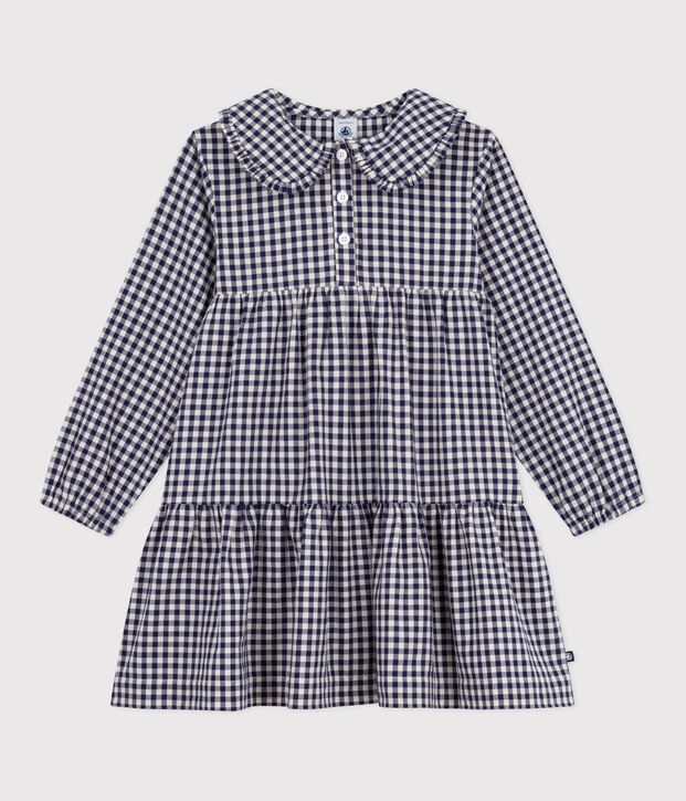 Robe enfant manches longues en flanelle &agrave; carreaux bleu/&eacute;cru