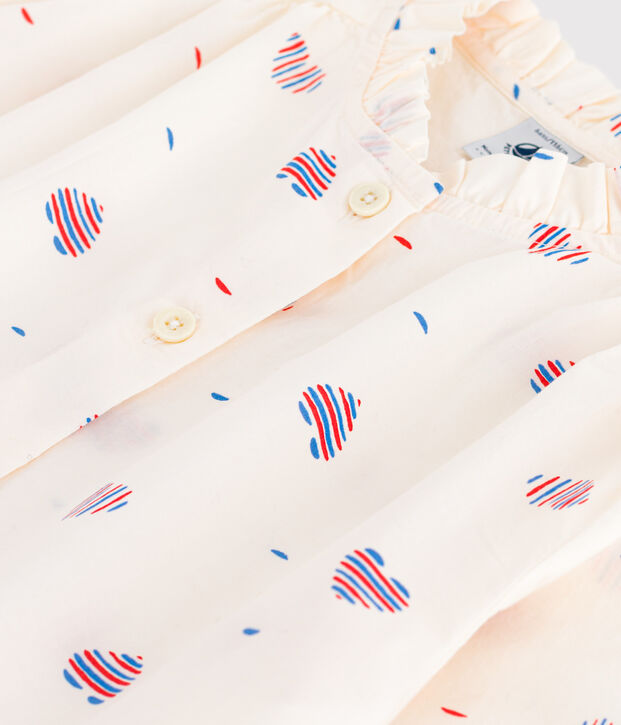 Blouse enfant en coton manches longues c&oelig;urs &eacute;cru/multicouleur