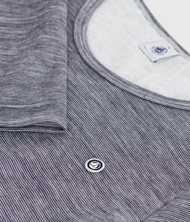 Tee-shirt femme en laine et coton manches longues &agrave; rayures bleu/blanc