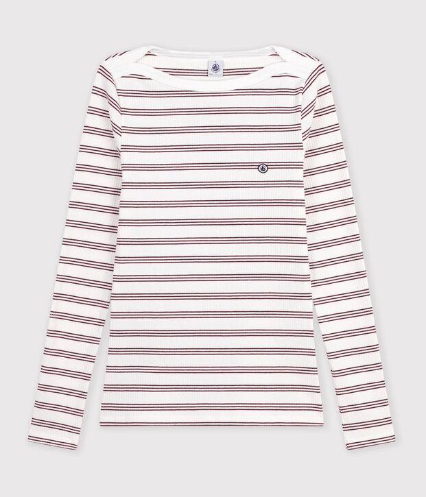Tee-shirt femme col amiral en coton manches longues &agrave; rayures blanc/rouge