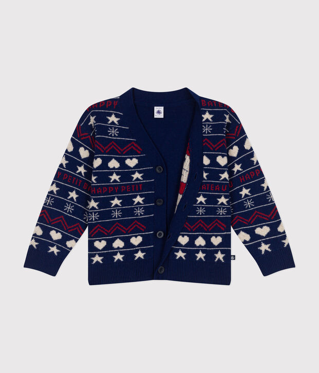 Cardigan jacquard laine et coton enfant gar&ccedil;on bleu/multicouleur