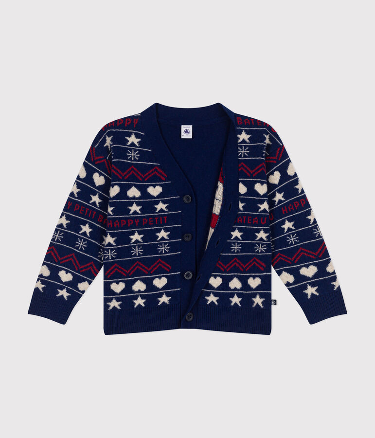 Cardigan jacquard laine et coton enfant gar&ccedil;on bleu MEDIEVAL/blanc MULTICO