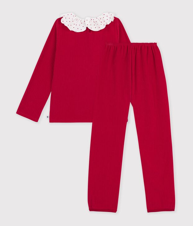 Pyjama enfant en velours c&ocirc;tel&eacute; uni &agrave; collerette rouge