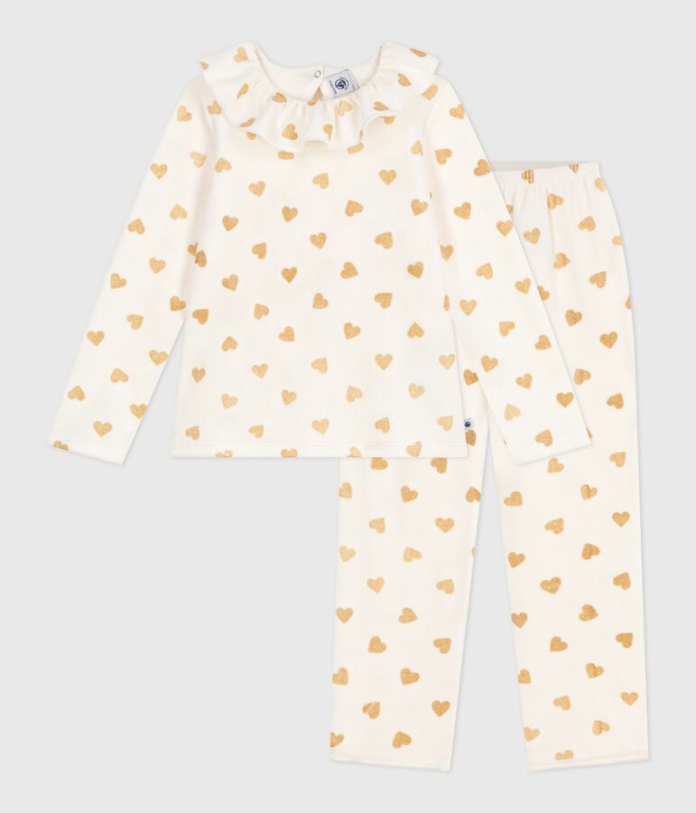 Pyjama enfant en velours imprim&eacute; c&oelig;urs dor&eacute;s &eacute;cru/jaune