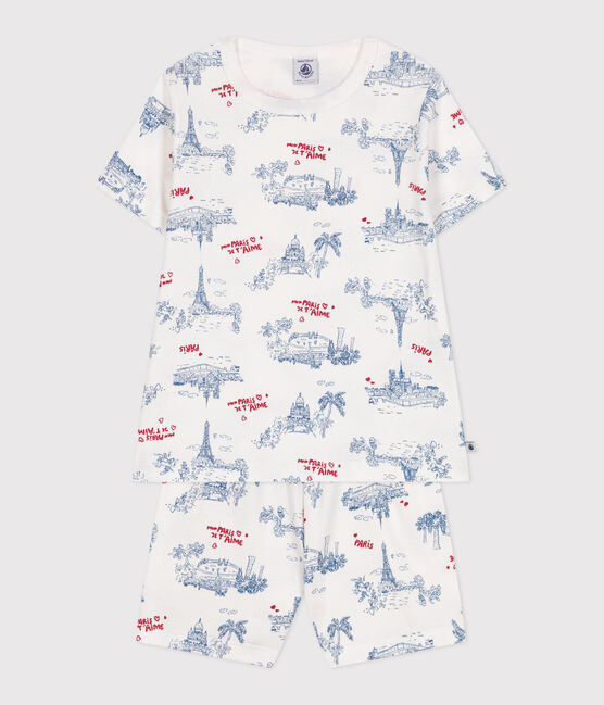 Pyjama short enfant en coton imprimé Paris blanc MARSHMALLOW/blanc MULTICO