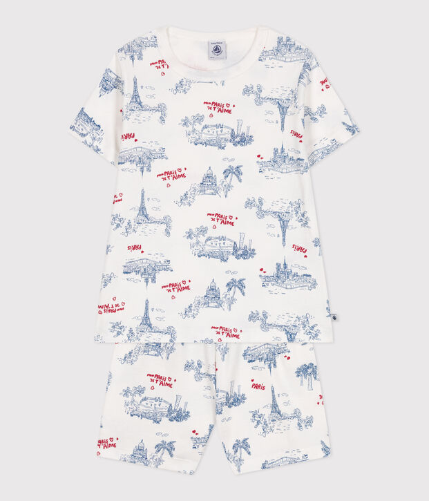 Pyjama short enfant en coton imprim&eacute; Paris blanc/multicouleur