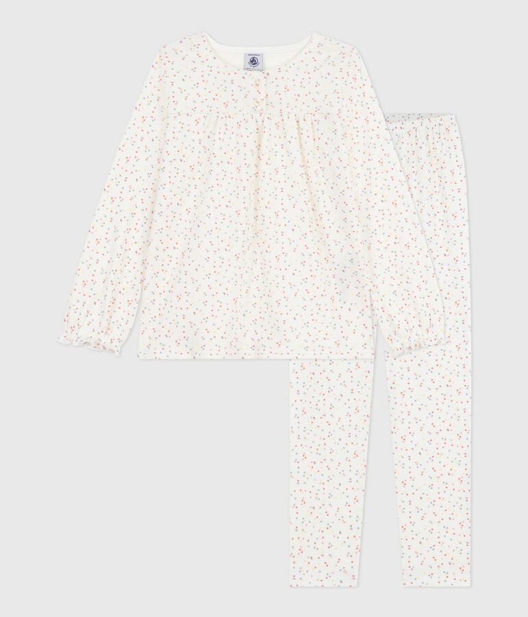 Pyjama enfant en coton imprim&eacute; pois blanc MARSHMALLOW/blanc MULTICO