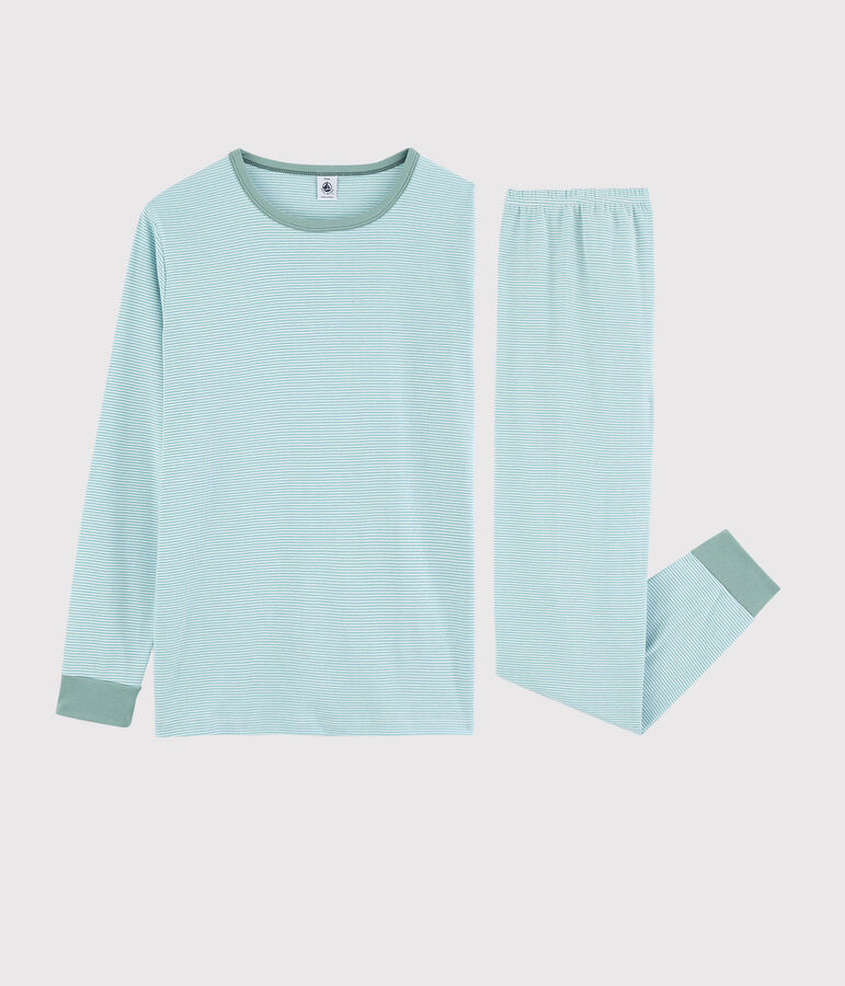 Pyjama ray&eacute; bleu mixte en c&ocirc;te bleu/blanc