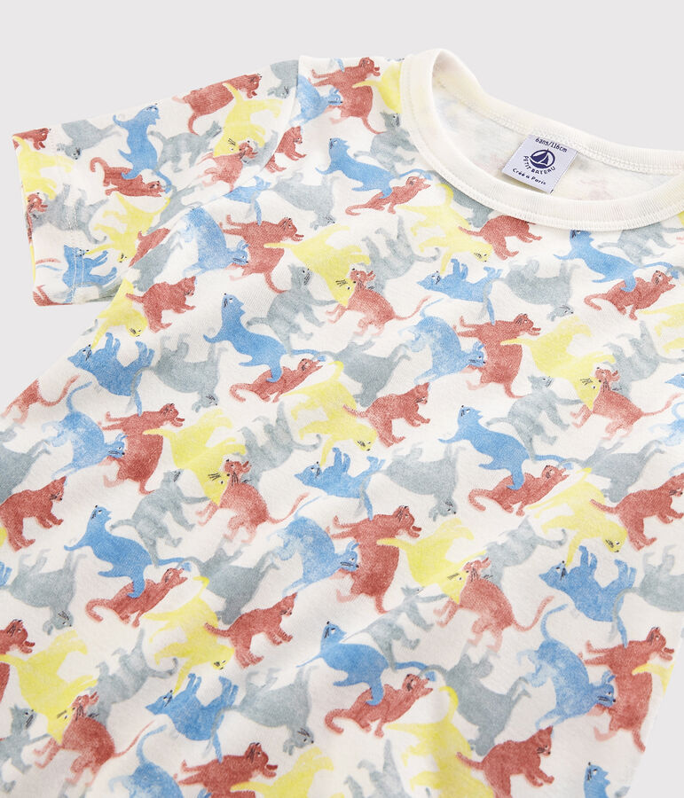 Pyjama imprim&eacute; chats petit gar&ccedil;on en coton biologique blanc MARSHMALLOW/blanc MULTICO
