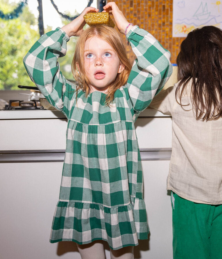 Robe &agrave; carreaux manches longues en flanelle enfant fille MATCHA/ AVALANCHE
