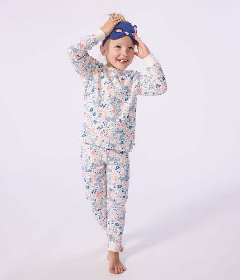 Pyjama d&eacute;guisement enfant en coton imprim&eacute; fleuri blanc MARSHMALLOW/blanc MULTICO